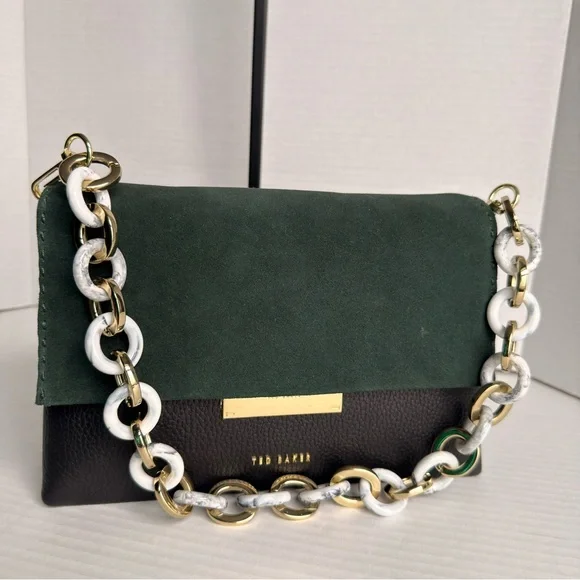 Ted Baker Jet Aalice Shoulder Bag Green Suede Flap Pebbled Leather Marble Chain